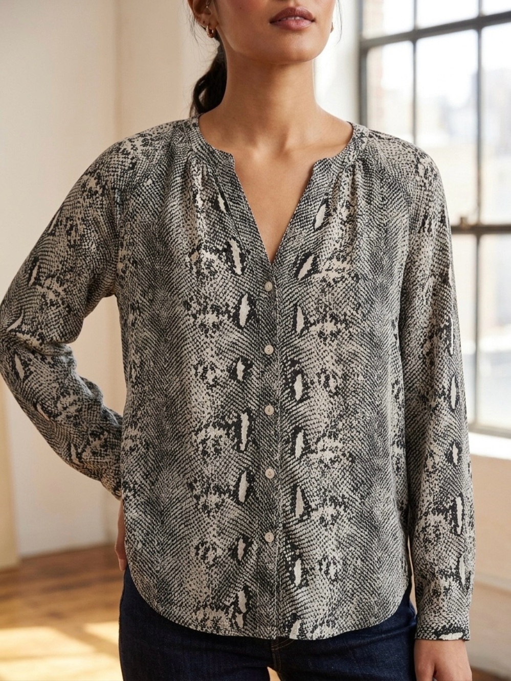 J. Crew Black & White Snake-Print Button Down Blouse